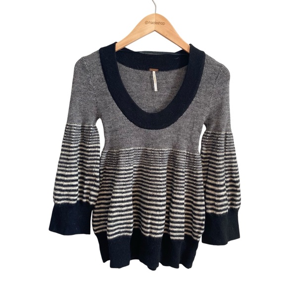 Free People Black and White Stripe Wool Blend Scoop Neck Twee Peplum Sweater S - Picture 1 of 6